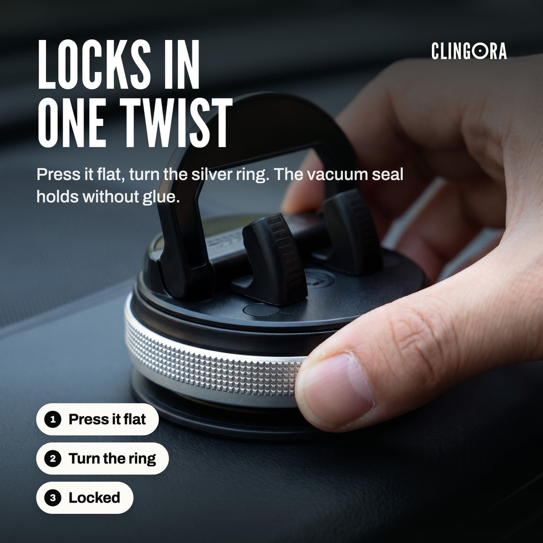 Locks in one twist: press it flat, turn the ring